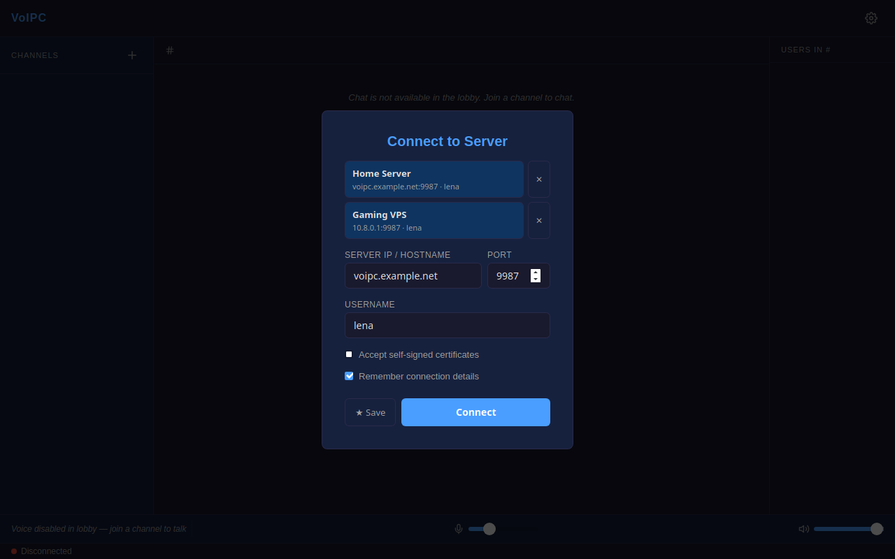 The connect dialog: server address, port and nickname