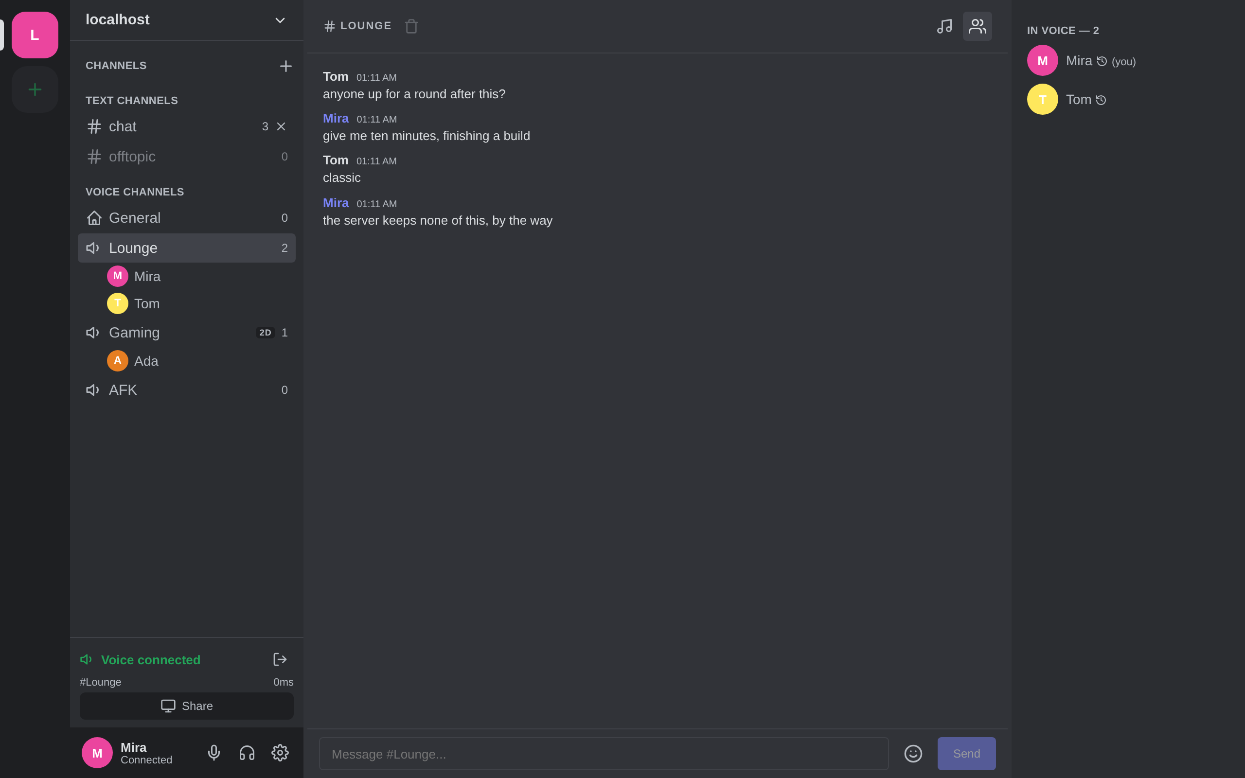 The VoIPC desktop client: server rail, channel list, chat and member list