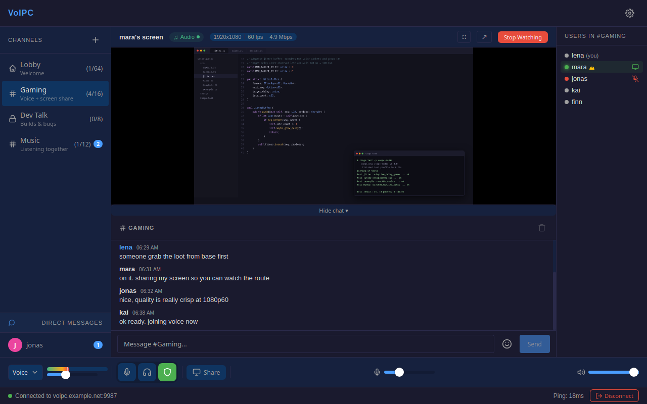 Watching a shared screen with connection statistics and chat alongside