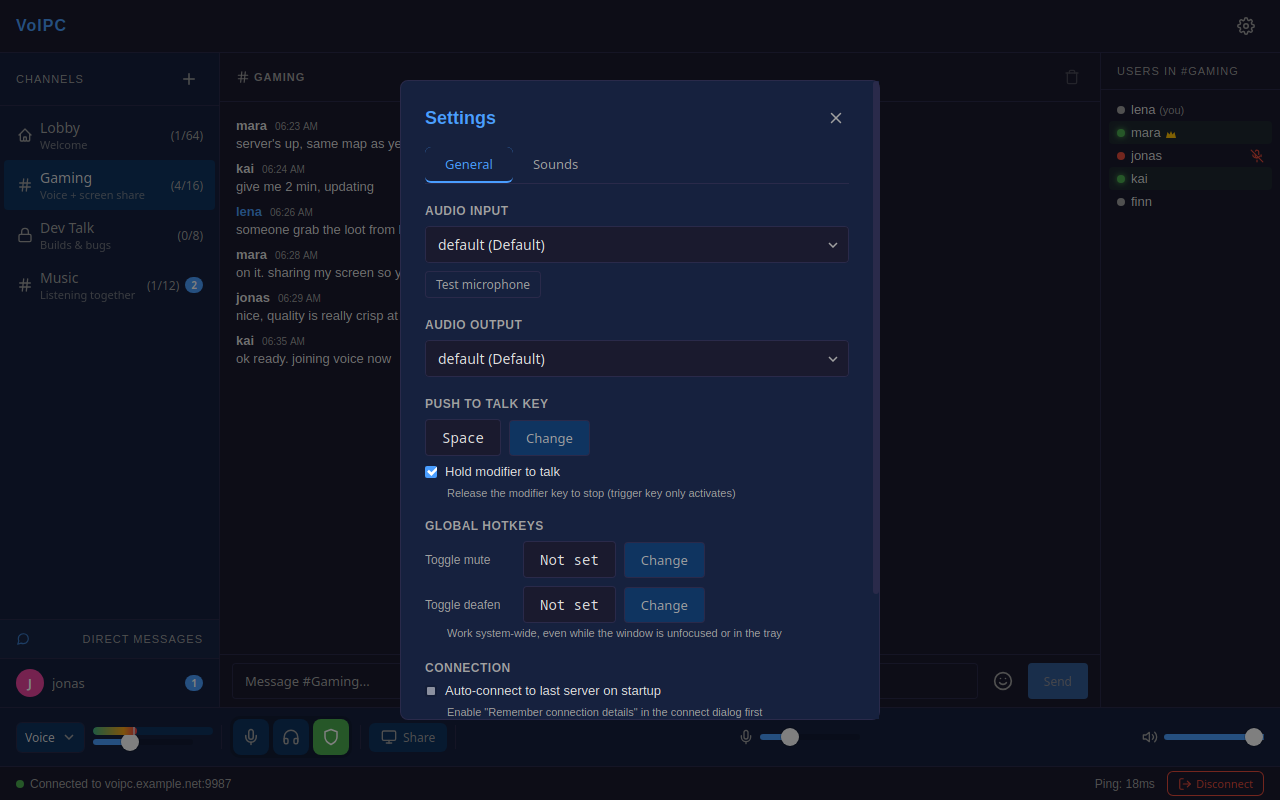 Audio settings: input device, gain, noise suppression and activation mode